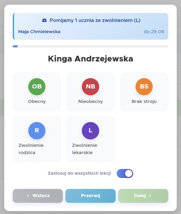 Szybkie sprawdzanie obecności — uczeń po uczniu