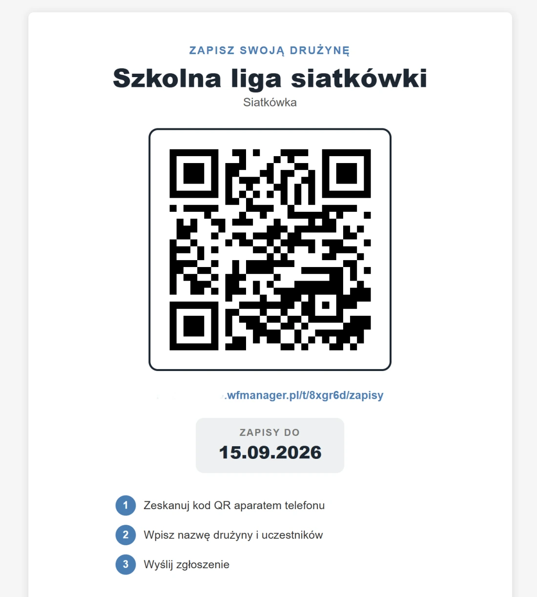Plakat z kodem QR do zapisów na turniej
